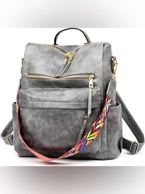 Gray Vegan Leather Backpack with Colorful Strap - Women Bags